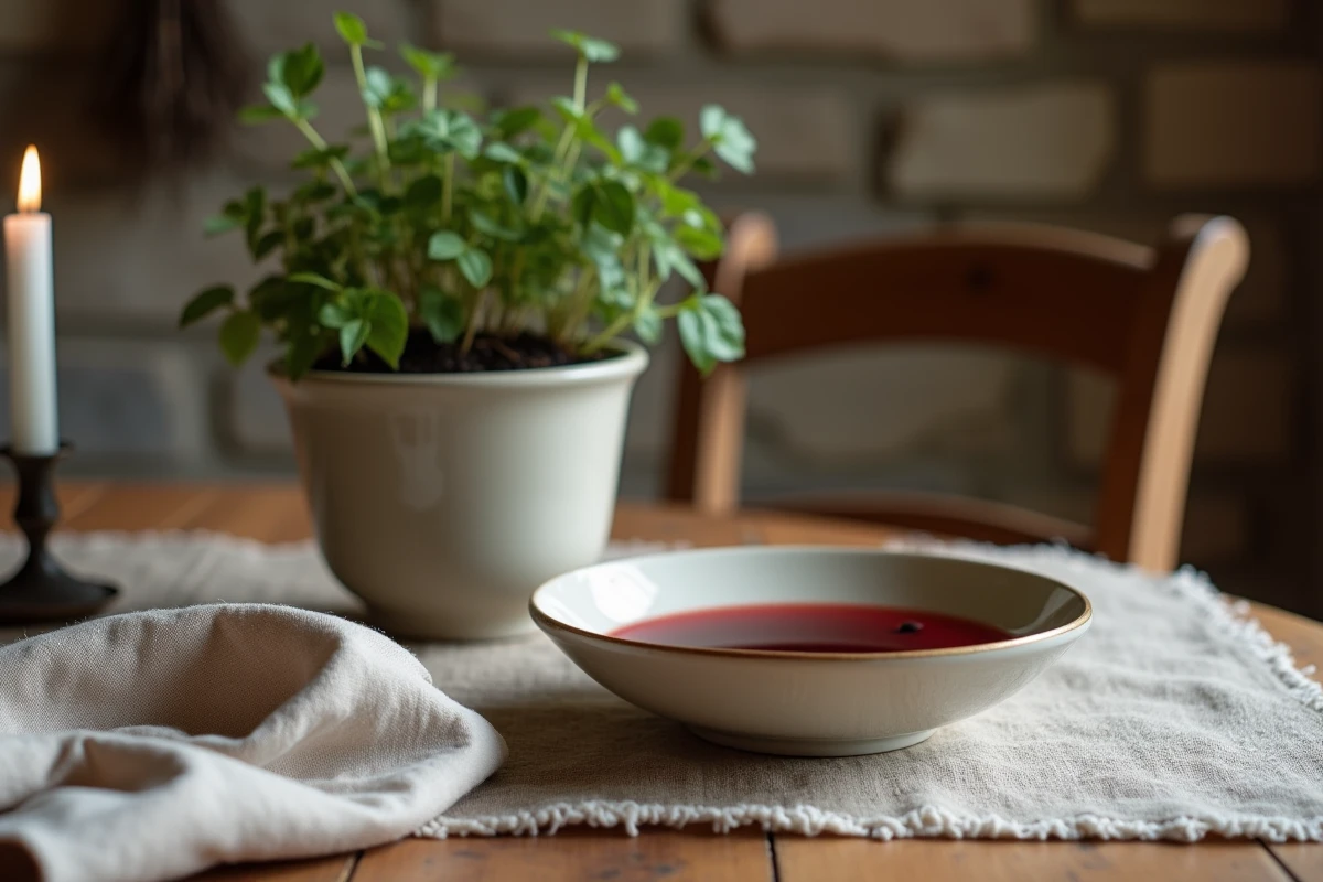 Piège à moucherons élégant dans un bol en céramique posé sur une table en bois avec une plante d'intérieur dans un intérieur de maison de campagne française