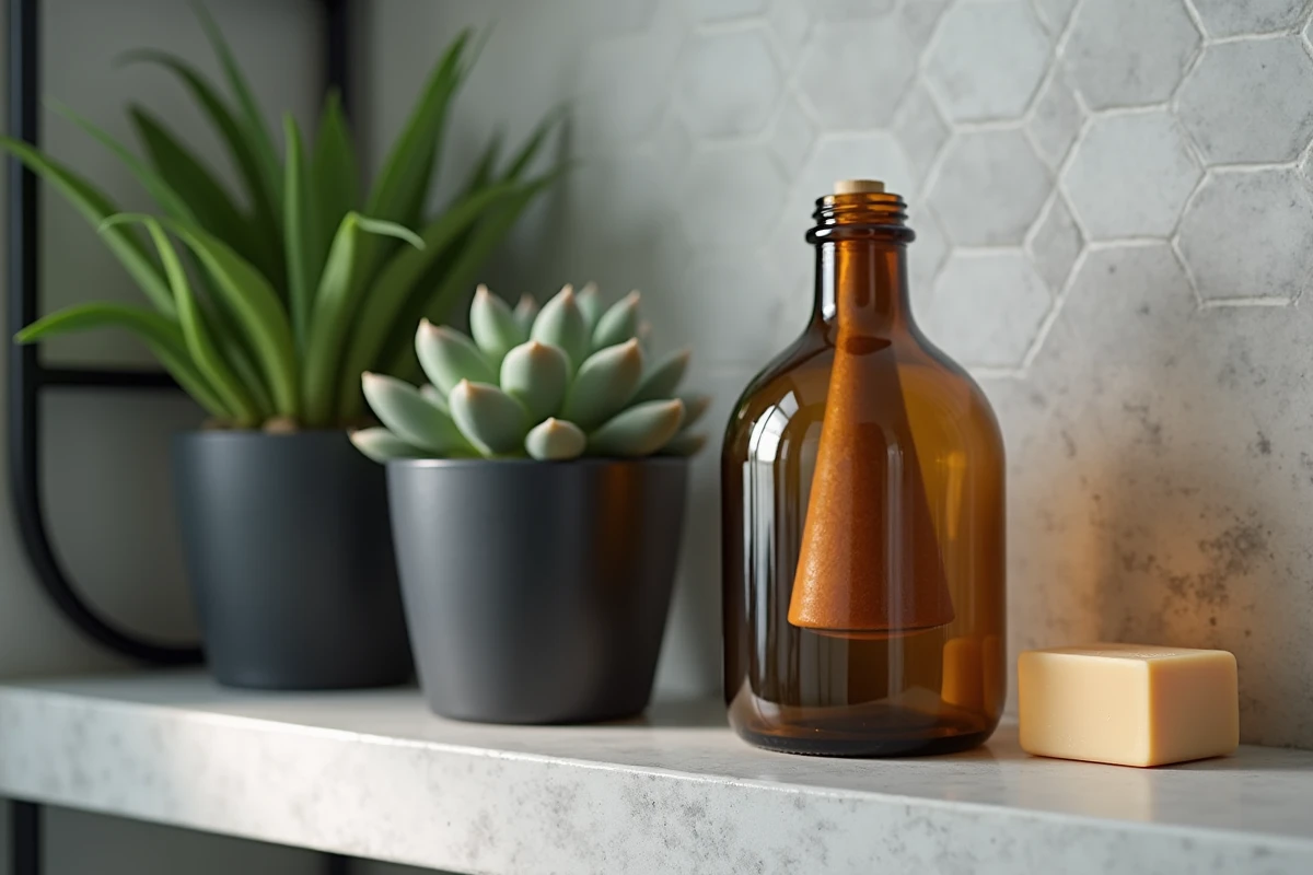 Piège à moucherons design dans une bouteille en verre ambré posée sur une étagère de salle de bain avec des plantes succulentes dans un appartement au style industriel moderne