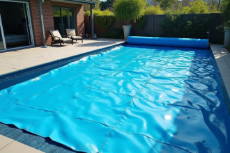 Piscine moderne avec couverture bleue en plein jour