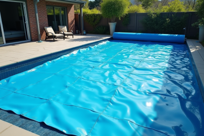 Piscine moderne avec couverture bleue en plein jour