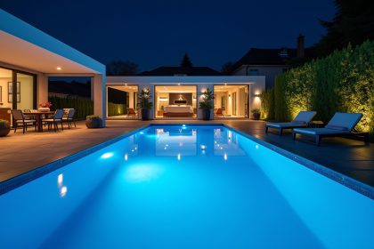 Piscine moderne la nuit avec lumières LED bleues apaisantes