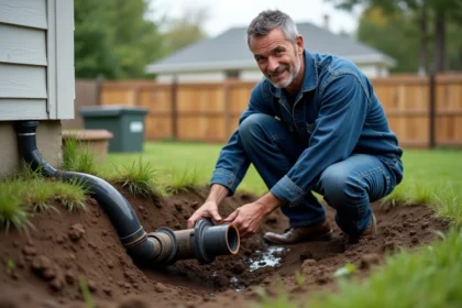 Plombier inspectant un drain de fosse septique saturé dans un jardin résidentiel avec sol argileux gorgé d'eau