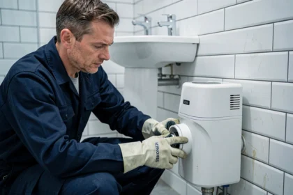 Plombier professionnel inspectant un sanibroyeur dans une salle de bain moderne avec gants de protection