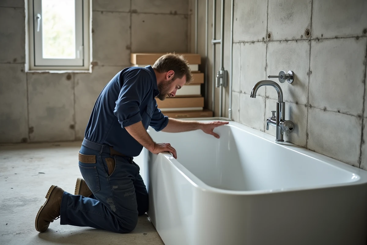 Plombier vérifiant la contenance d'une baignoire encastrée lors d'une installation en chantier de rénovation