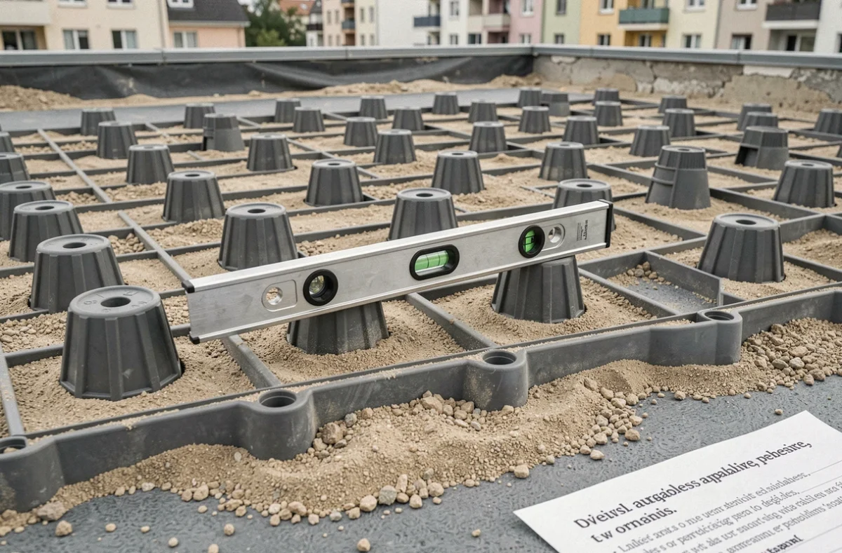 Plots réglables en plastique posés sur substrat nivelé pour terrasse en dalle sur plot avec devis