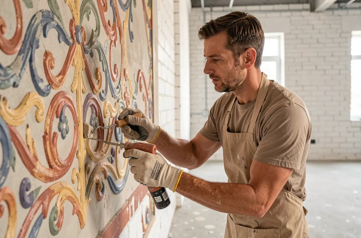 Artisan de Polychrom appliquant un enduit décoratif polychrome sur un mur intérieur dans un loft rénové à Marseille