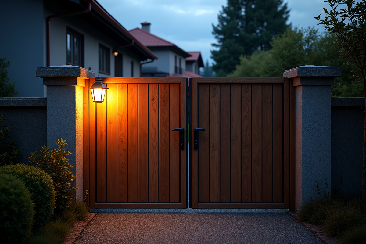 Portail en bois renforcé avec lumière de nuit et maisons en arrière-plan