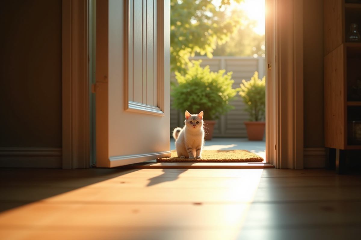 Chat regardant par une porte entrouverte avec lumière du matin