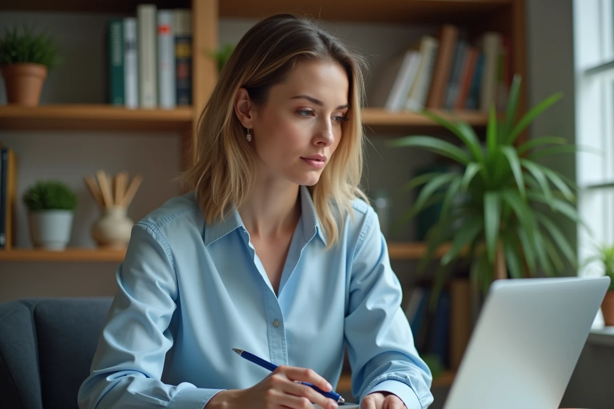 Femme en homeoffice prenant des notes avec un regard réfléchi
