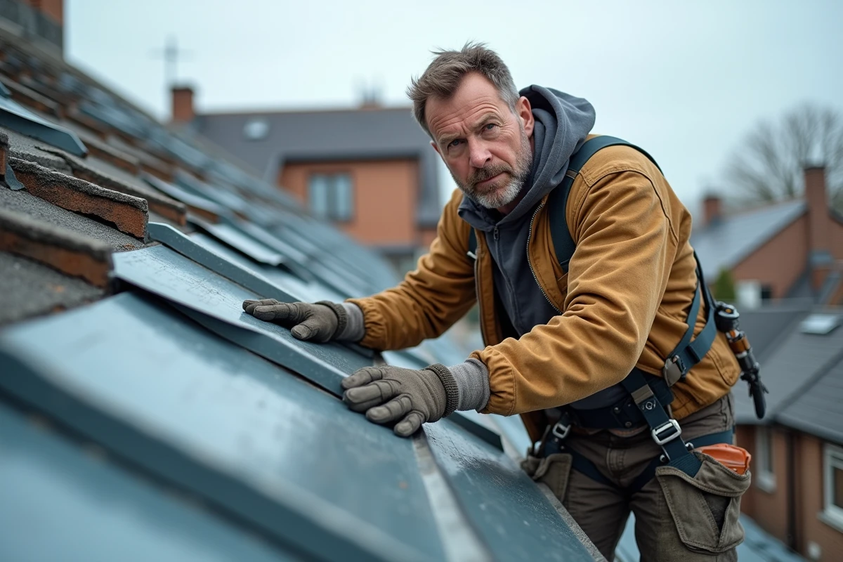 Couvreur posant des panneaux de bac acier imitation zinc sur une toiture en cours d'installation avec harnais de sécurité
