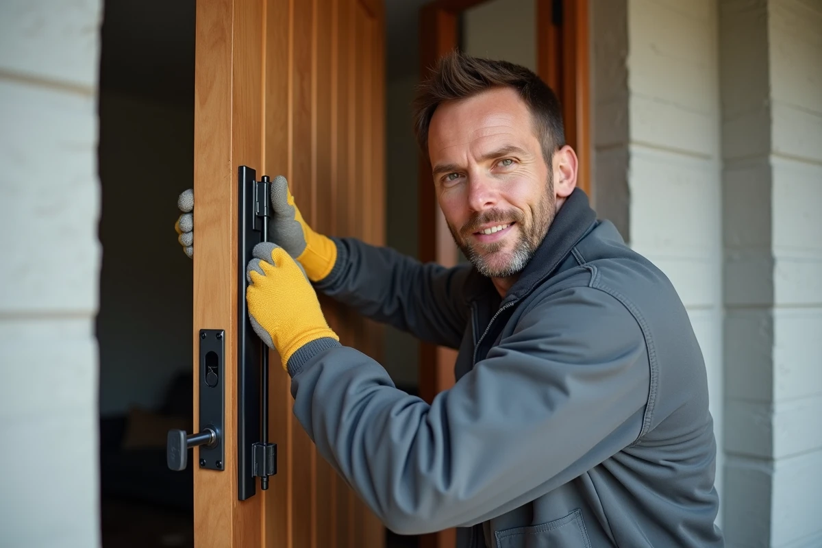 Artisan installant un gond en fer peint noir sur une porte d'entrée extérieure en bois dans une maison moderne