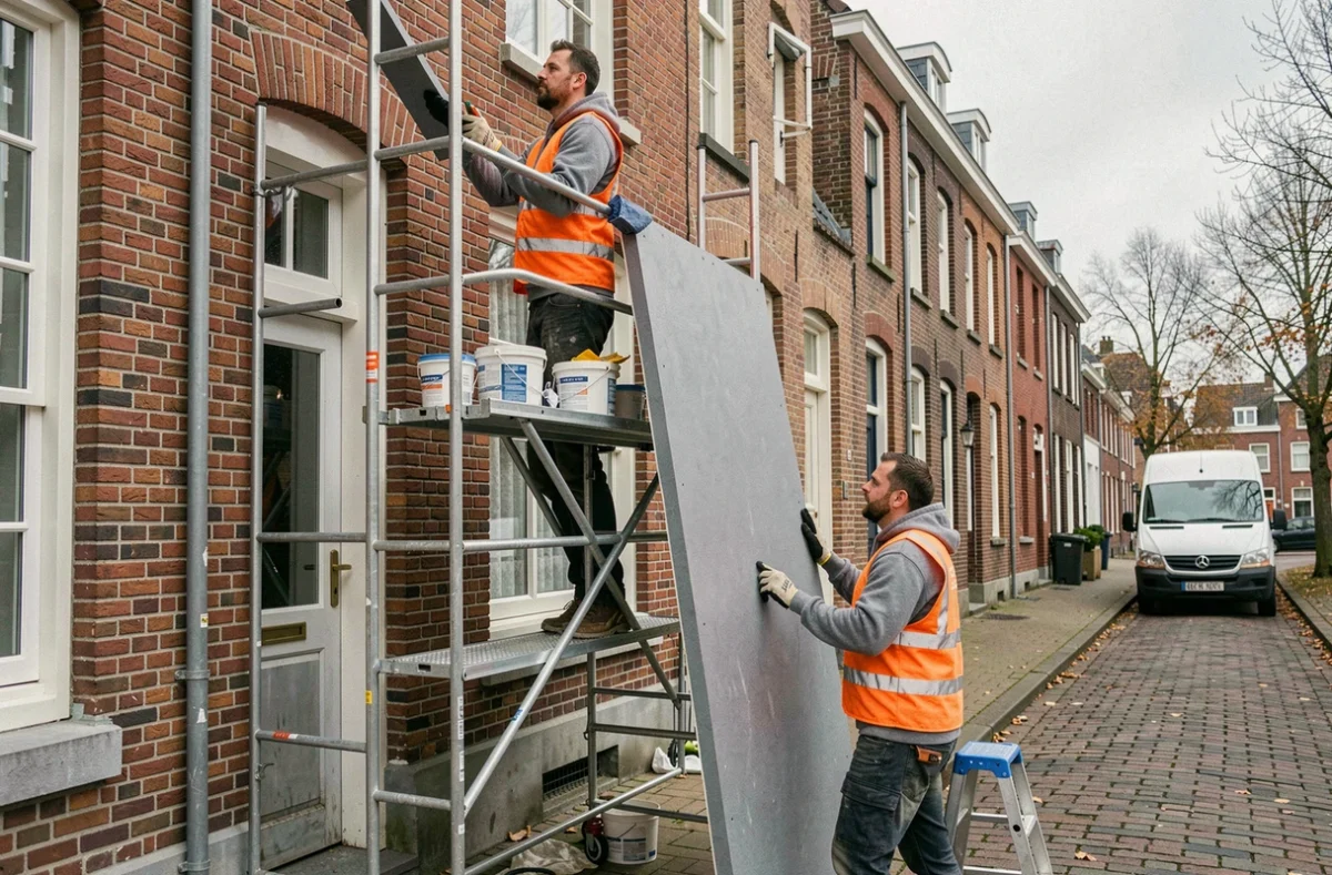 Ouvriers posant des panneaux d'isolation extérieure sur la façade d'une maison belge en rénovation énergétique