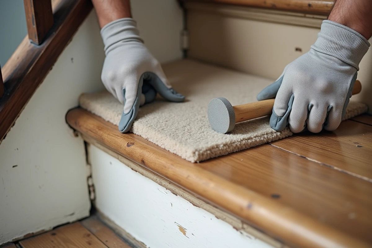 Pose d'une marche en moquette beige sur une vieille marche d'escalier en bois lors d'une rénovation