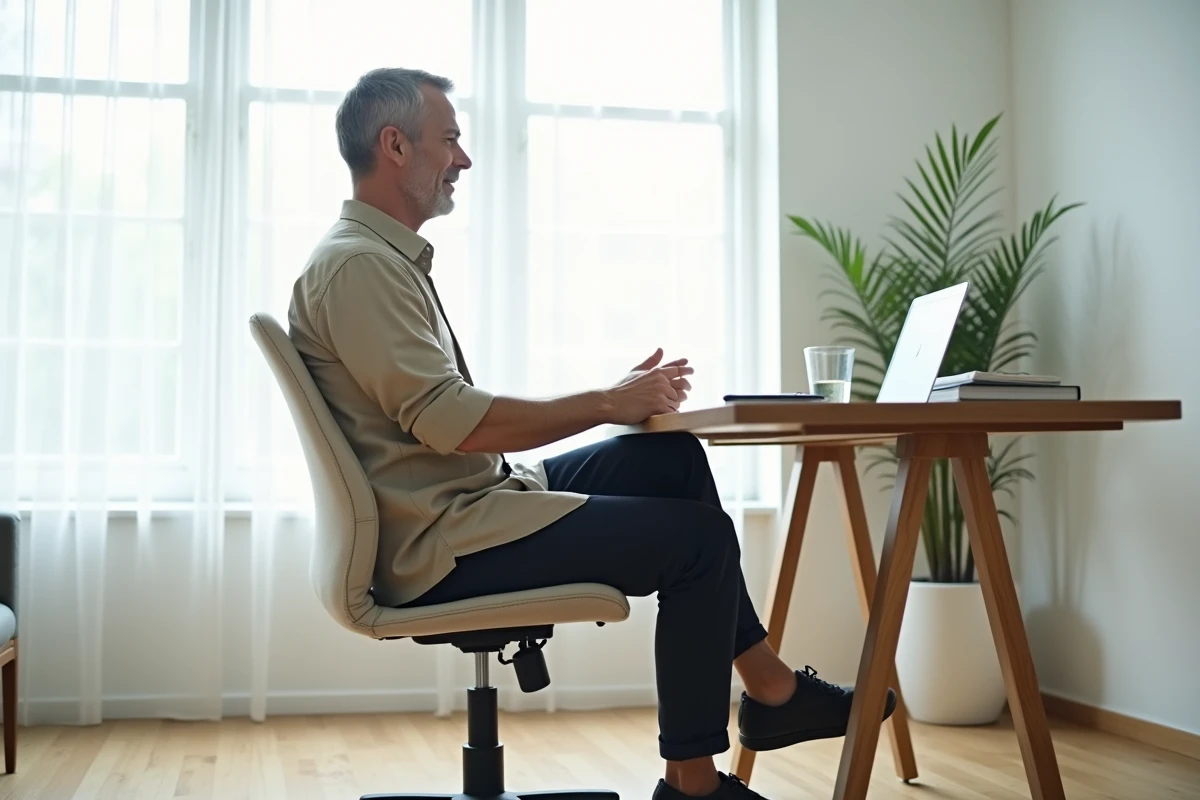 Homme assis correctement dans une chaise de bureau ergonomique illustrant la hauteur et la posture idéales pour un bureau à domicile