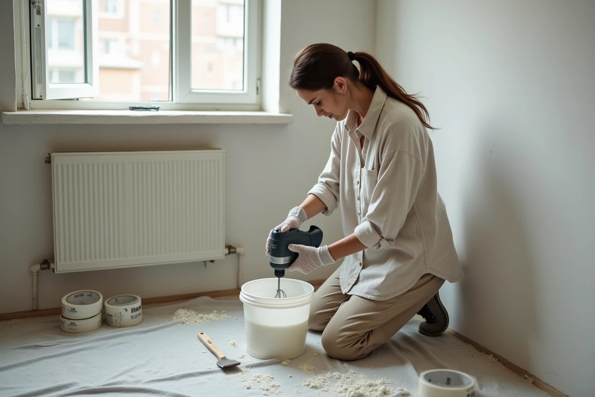 Femme préparant un mélange d'enduit en poudre dans un seau pour reboucher les défauts d'un mur intérieur