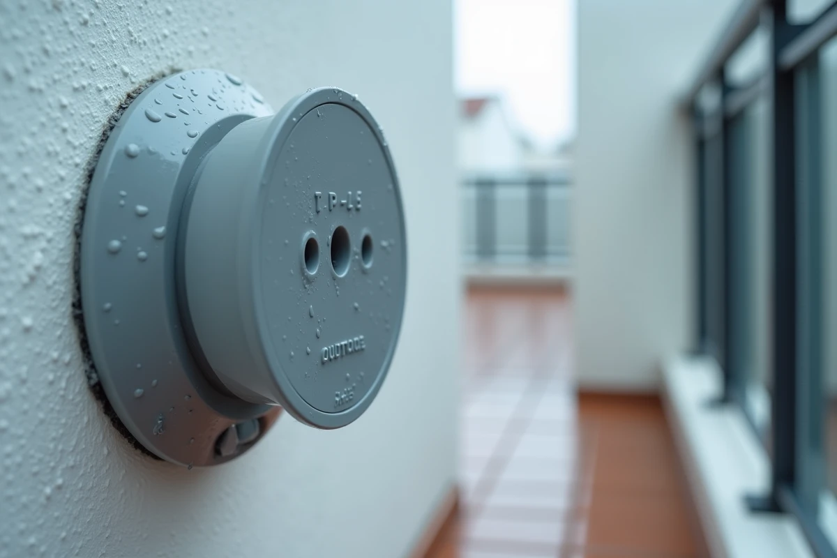 Prise électrique étanche IP44 avec couvercle protecteur sur balcon après la pluie