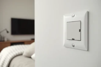 Prise TV murale encastrée discrète dans une chambre moderne avec câble dissimulé le long de la plinthe