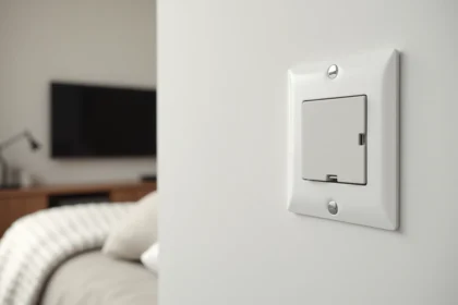 Prise TV murale encastrée discrète dans une chambre moderne avec câble dissimulé le long de la plinthe