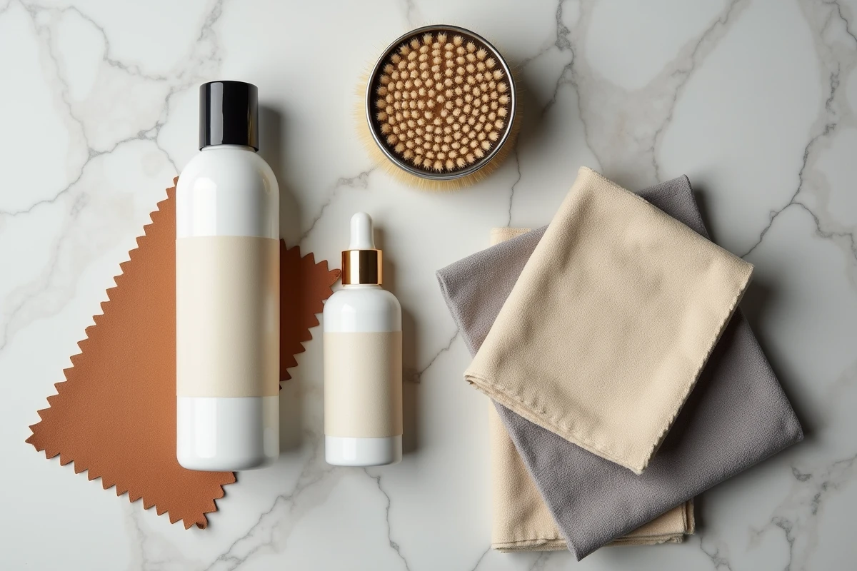 Produits nettoyants pour canapé en cuir disposés sur marbre avec un échantillon de cuir