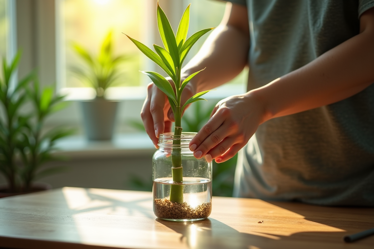 Personne plantant un bambou en intérieur dans un verre d'eau