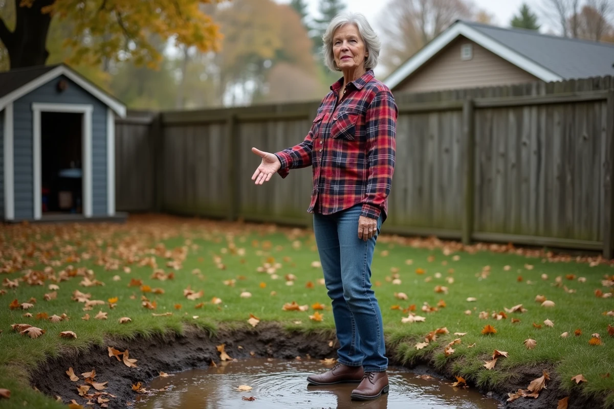 Propriétaire inquiète montrant une zone de pelouse saturée d'eau au-dessus d'un champ d'épandage de fosse septique défaillant