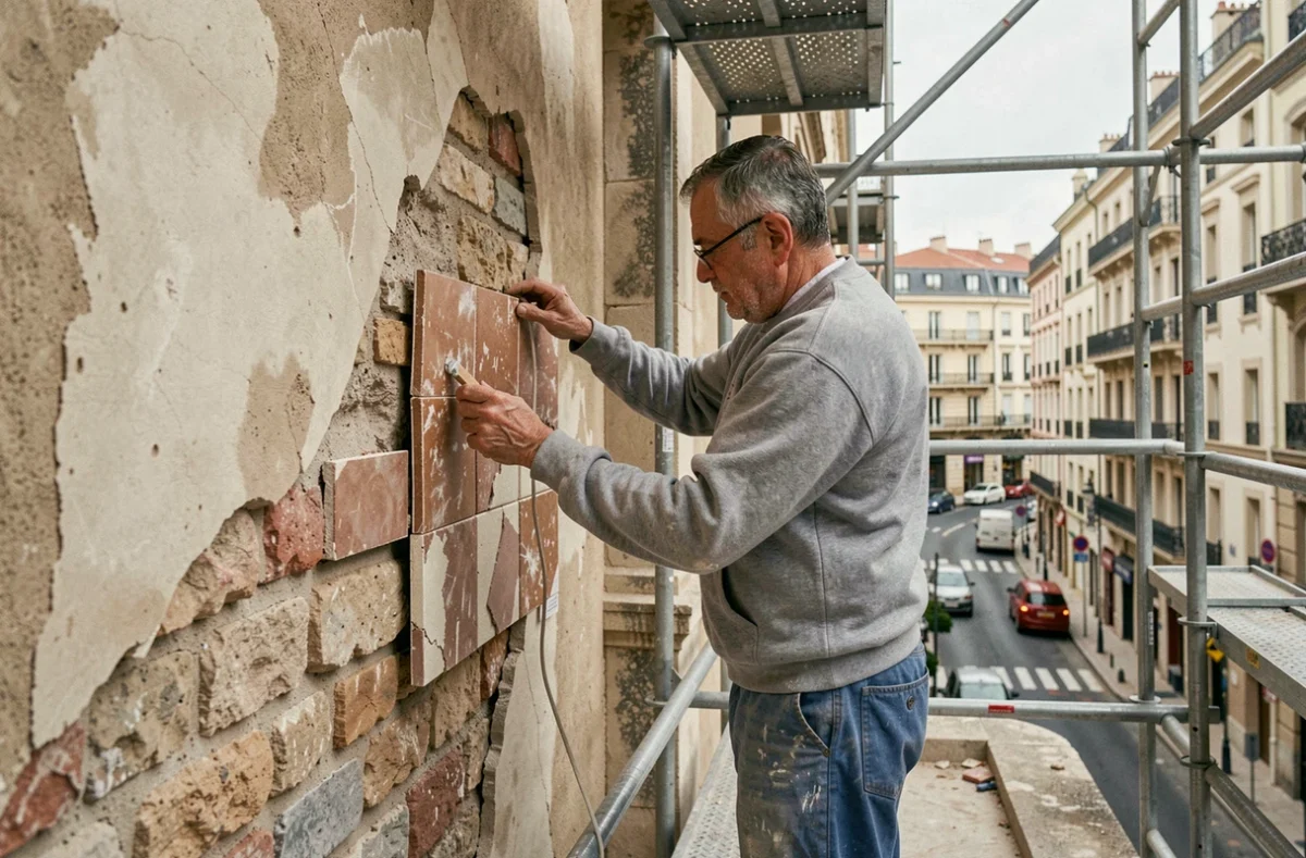 Spécialiste de Rehab 3000 rénovant la façade d'un immeuble historique à Marseille avec échafaudage
