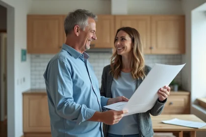 Homme souriant en chemise bleue avec plan de renovation