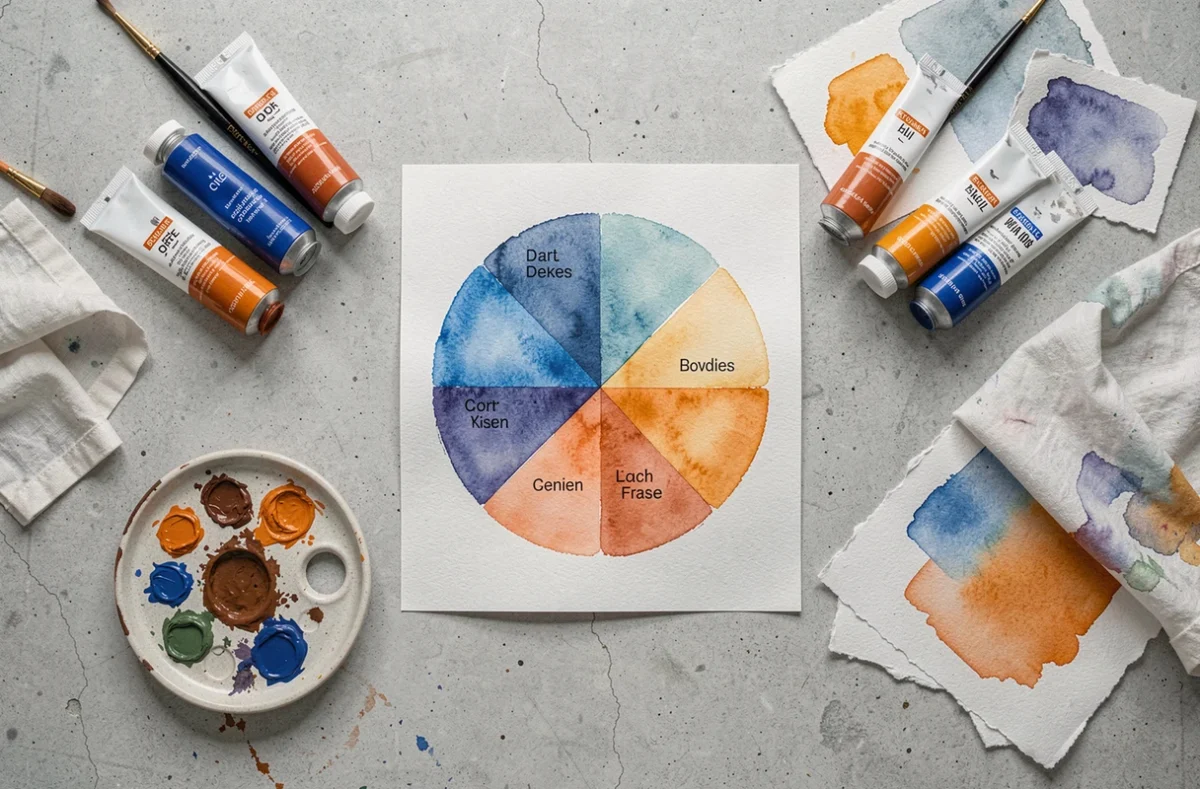 Vue aérienne d'une roue chromatique aquarelle entourée de pigments bleu et orange complémentaires sur béton