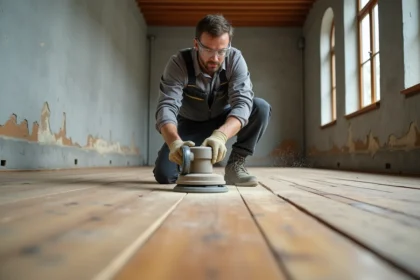 Artisan réalisant un sablage de parquet en bois dans un appartement vide, vue en plongée légère sur le travail au m2