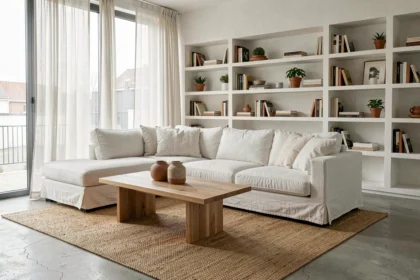 Salon intérieur minimaliste style scandinave avec canapé en lin blanc, table basse en chêne et objets décoratifs en céramique