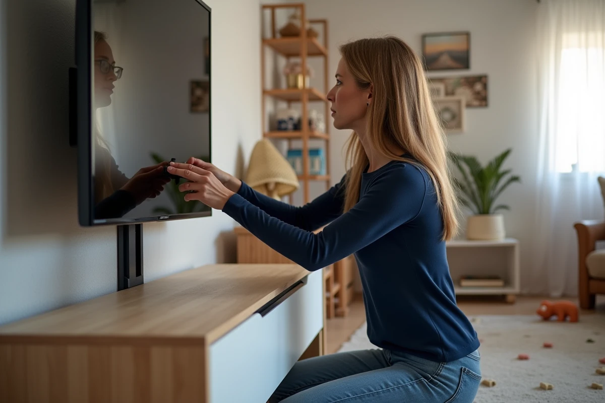 Femme fixant une sangle anti-basculement sur une télévision murale basse pour sécuriser le salon contre les accidents enfants