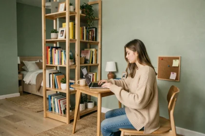 Séparation meuble bibliothèque en bois dans une chambre d'ado créant un coin bureau cosy avec laptop et plantes