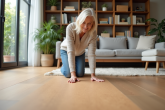 Femme regardant le sol en liège naturel dans un salon lumineux