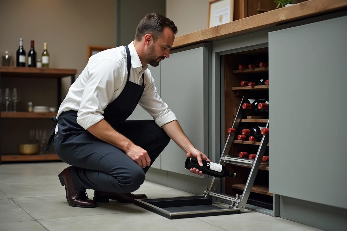 Sommelier remontant une bouteille de vin rouge par une trappe cave en verre ouverte dans une cuisine contemporaine en béton