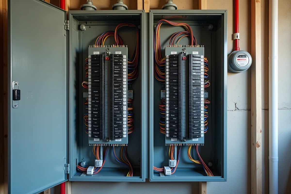 Tableau électrique résidentiel complet avec disjoncteurs différentiels type A et étiquettes de circuits