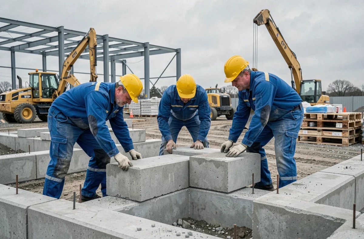Équipe de Team Btp posant des blocs de fondation en béton sur un chantier de construction à Marseille