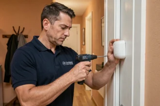 Technicien Verisure installant un capteur d'alarme sur le cadre d'une porte dans un appartement moderne