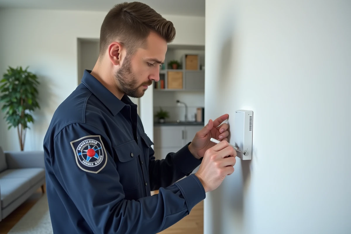 Technicien installant un détecteur de mouvement sans fil dans un salon résidentiel