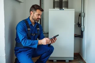 Technicien en overalls vérifiant une pompe à chaleur moderne
