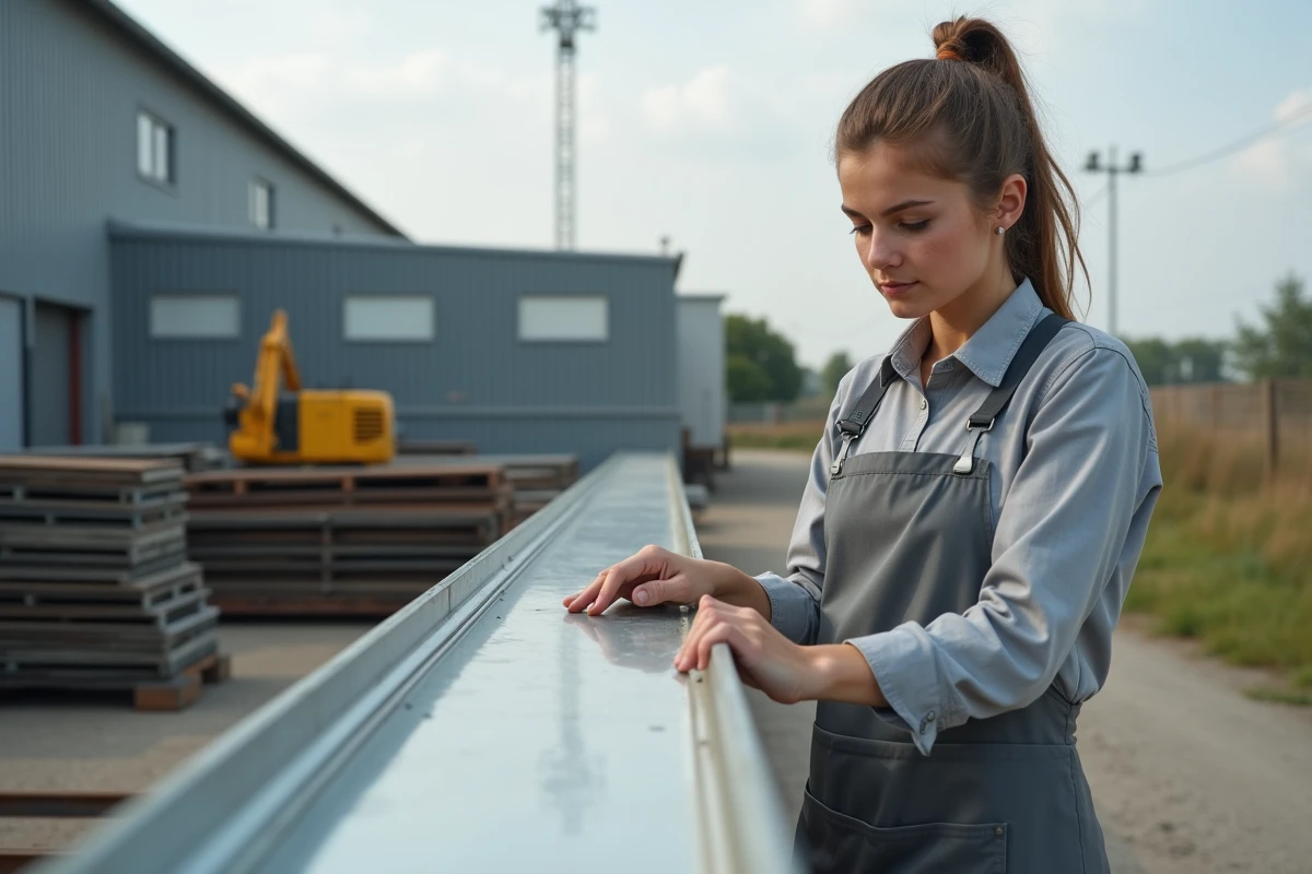Jeune femme inspectant un rail galvanise en extérieur