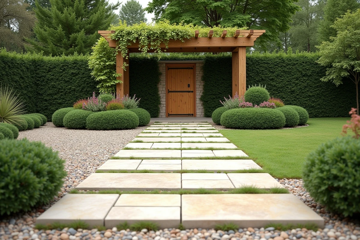 Terrasse en dalles de grès et allée en gravier dans un jardin aménagé selon un plan 3D Leroy Merlin
