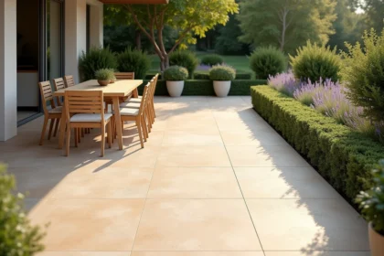 Terrasse haut de gamme avec carrelage grand format en grès cérame beige, table en teck et haies de buis taillées dans un jardin contemporain français