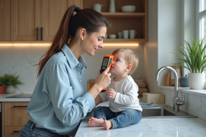 Femme utilisant un thermometre infrarouge pour son enfant