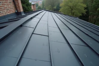 Toiture en bac acier imitation zinc sur maison contemporaine avec joints debout visibles et finition gris anthracite mat