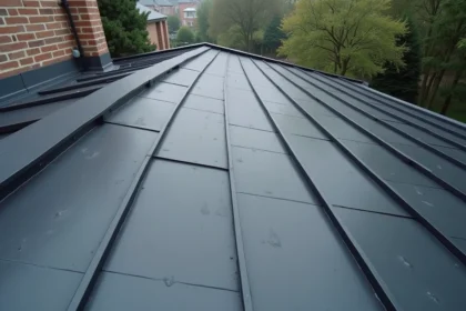 Toiture en bac acier imitation zinc sur maison contemporaine avec joints debout visibles et finition gris anthracite mat