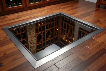 Trappe cave en verre intégrée dans un parquet en bois sombre donnant accès à une cave à vin avec casiers en bois